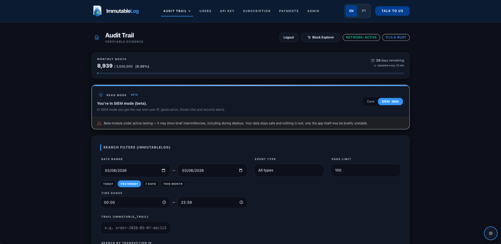 ImmutableLog — Immutable audit logs. Cryptographically verifiable.
